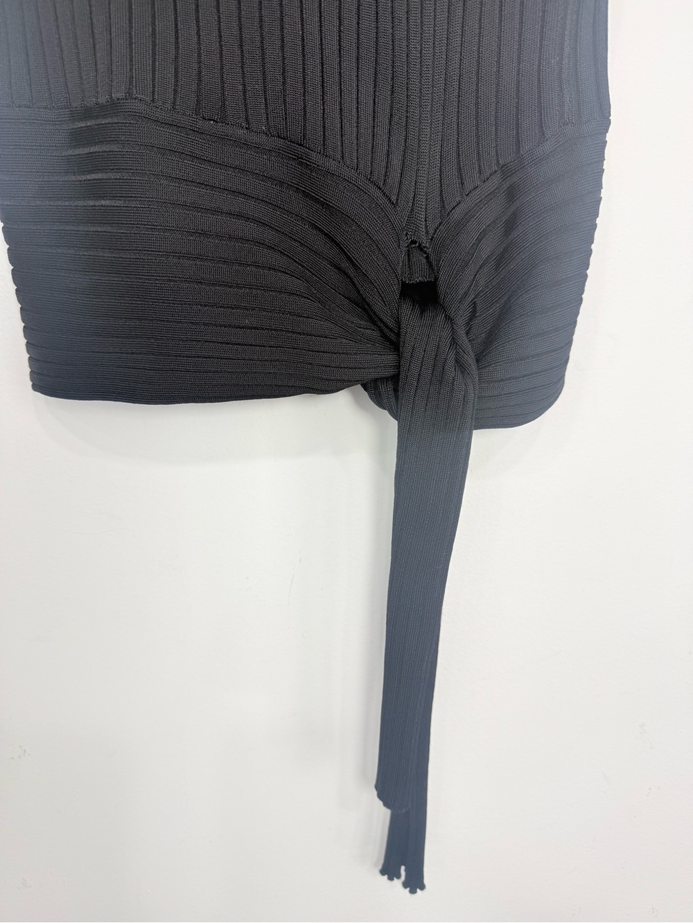White House Black Market Black Ribbed Knit Off Shoulder Side Tie Crop Sweater - Picture 6 of 13